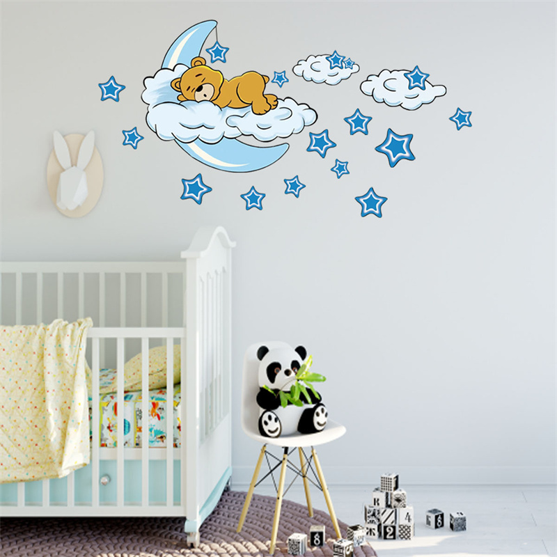 Bear Moon Clouds Stars Wall Stickers For Baby Kids Room Background Home Decoration Living Room Wallpaper Nursery Sticker