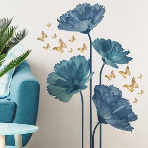 Creative Blue Flower Cluster Wall Sticker A dancing golden butterfly Decals Living Room Decorative Wallpaper