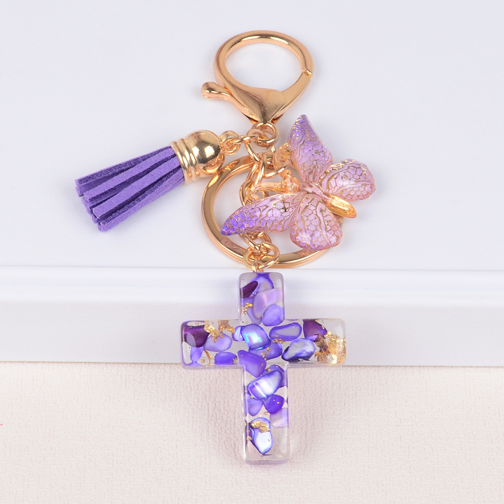 Wholesale Resin Bag Pendant Key Chain Trinket Accessories Gift Butterfly Jesus Christian Cross Charms Keychain With Tassels