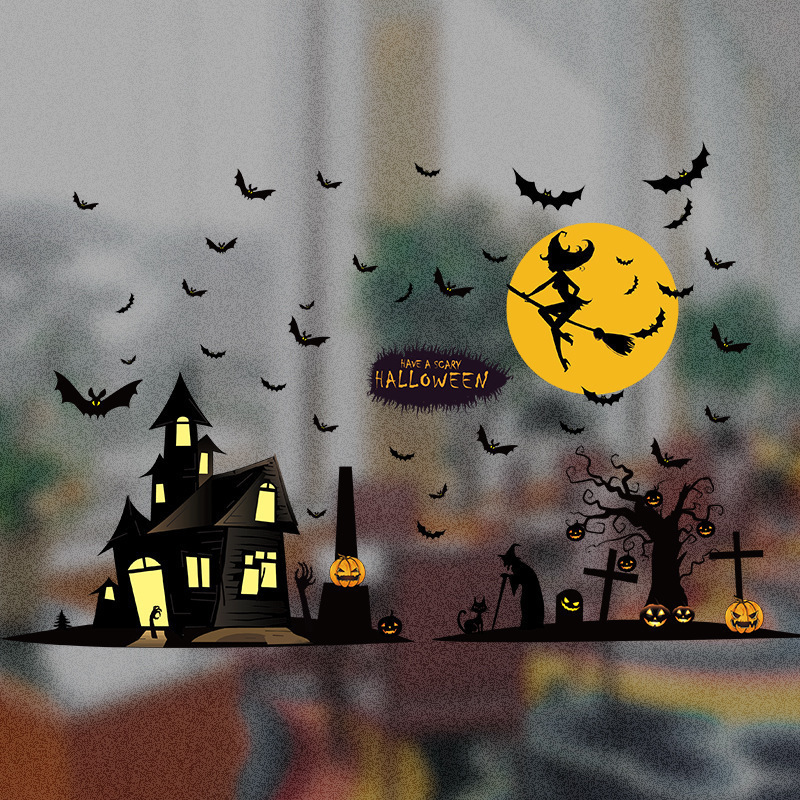 Halloween decorating cartoon wall stickers Witch castle black sticker Ghost pumpkin bat wall stickers