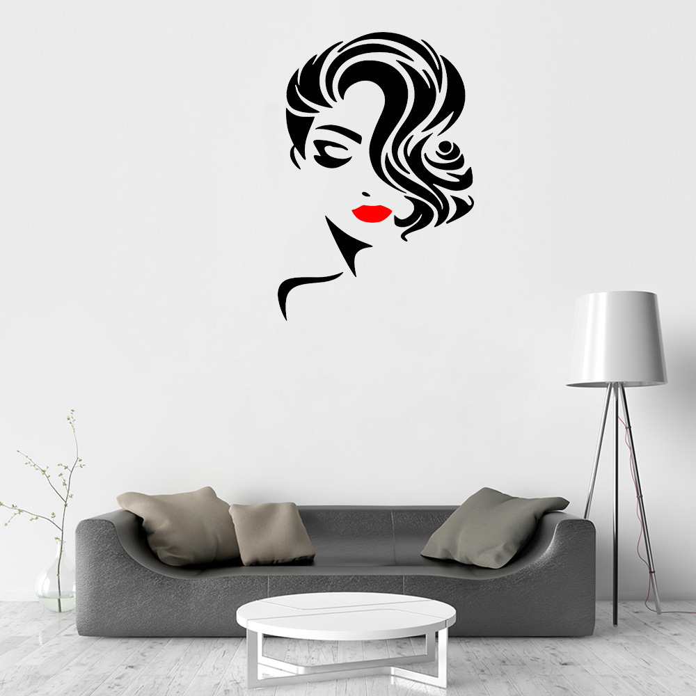 Self Adhesive Beauty Long Hair Salon Wall Decal Girl Face Hairstyle Wall Stickers For Window Barbershop Sign Decoration