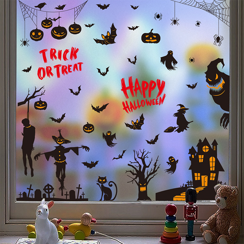 Halloween Window Removable Double-Sided Electrostatic Glue-Free Glass Sticker Horror Witch Pumpkin Decals For Party Decor