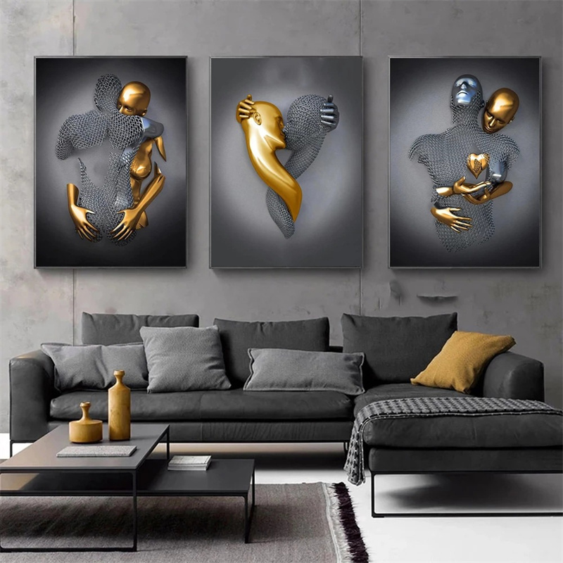 Popular Nordic Metal Figure Sculpture Wall Art Canvas Painting Modern Love Statue Poster Print Wall Picture for Bed Room Decor