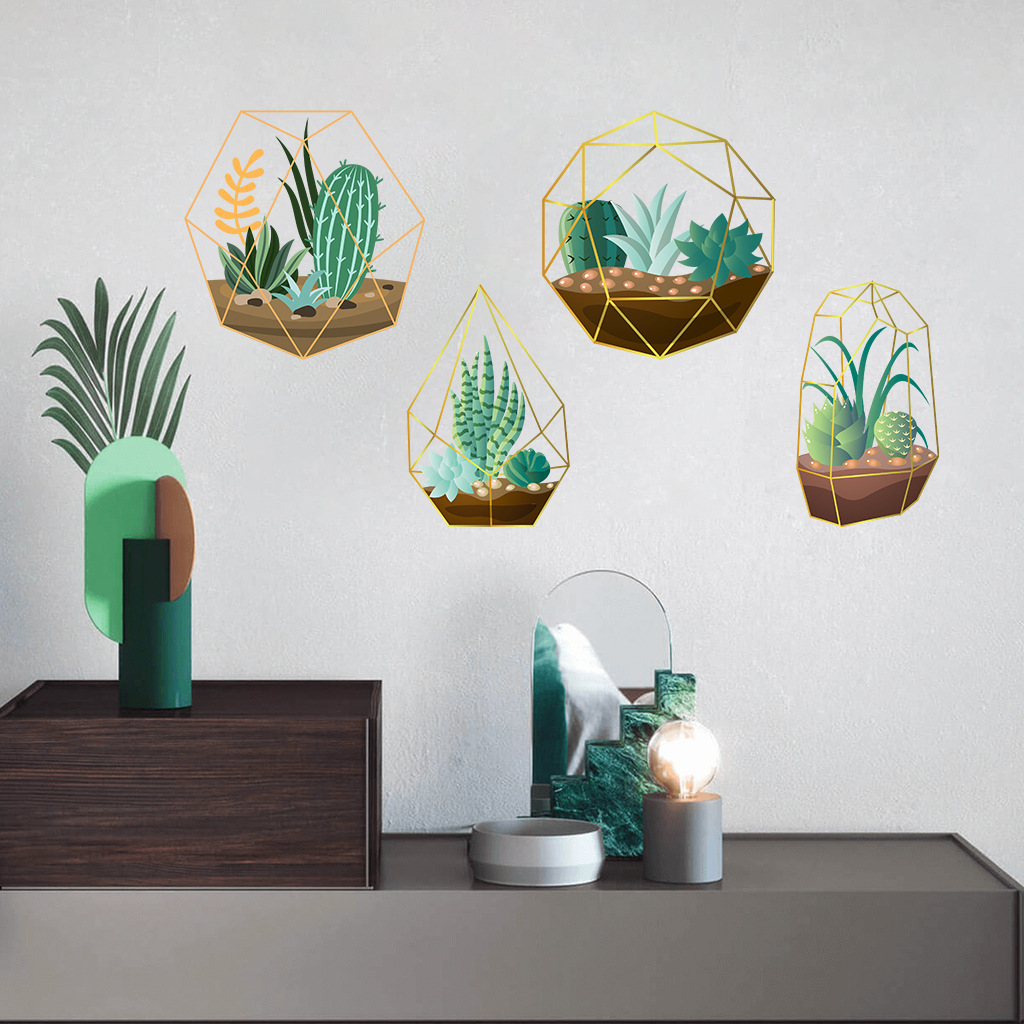 Removable Green plant cactus Nordic style hanging cage Wall Stickers Bedroom Living Room Decoration Plants Wall Paper Home Decor