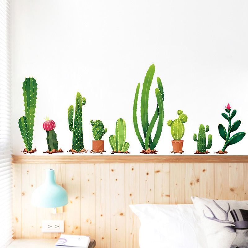 DIY Cartoon Cactus Wall Sticker For Kids Room Living Room TV Background Sofa Wall Decal Custom Wholesale Green Plant Stickers