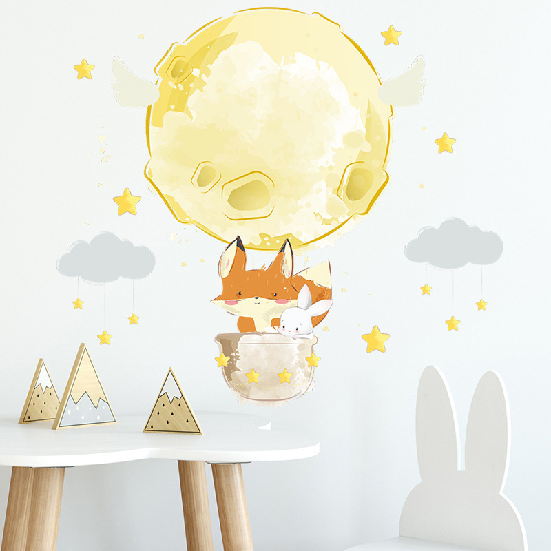 Wholesale Cartoon Animal Adhesive Wall Decals Fox And Rabbit Hot Air Balloon Removable Wall Stickers For Nursery Classroom Decor