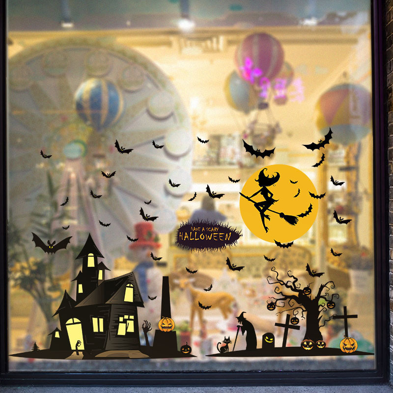 Halloween decorating cartoon wall stickers Witch castle black sticker Ghost pumpkin bat wall stickers