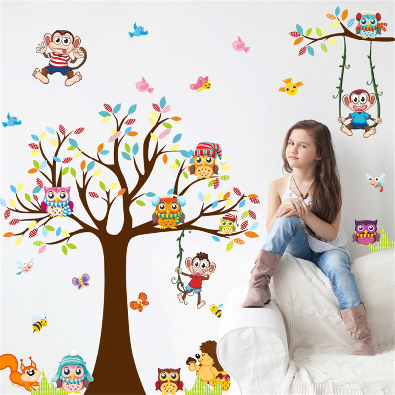 Cartoon Giraffe Child Animal Vinyl Wall Sticker Nursery Colorful Monkey Tree Wall Decals For Living Room Bedroom Wallpaper Decor