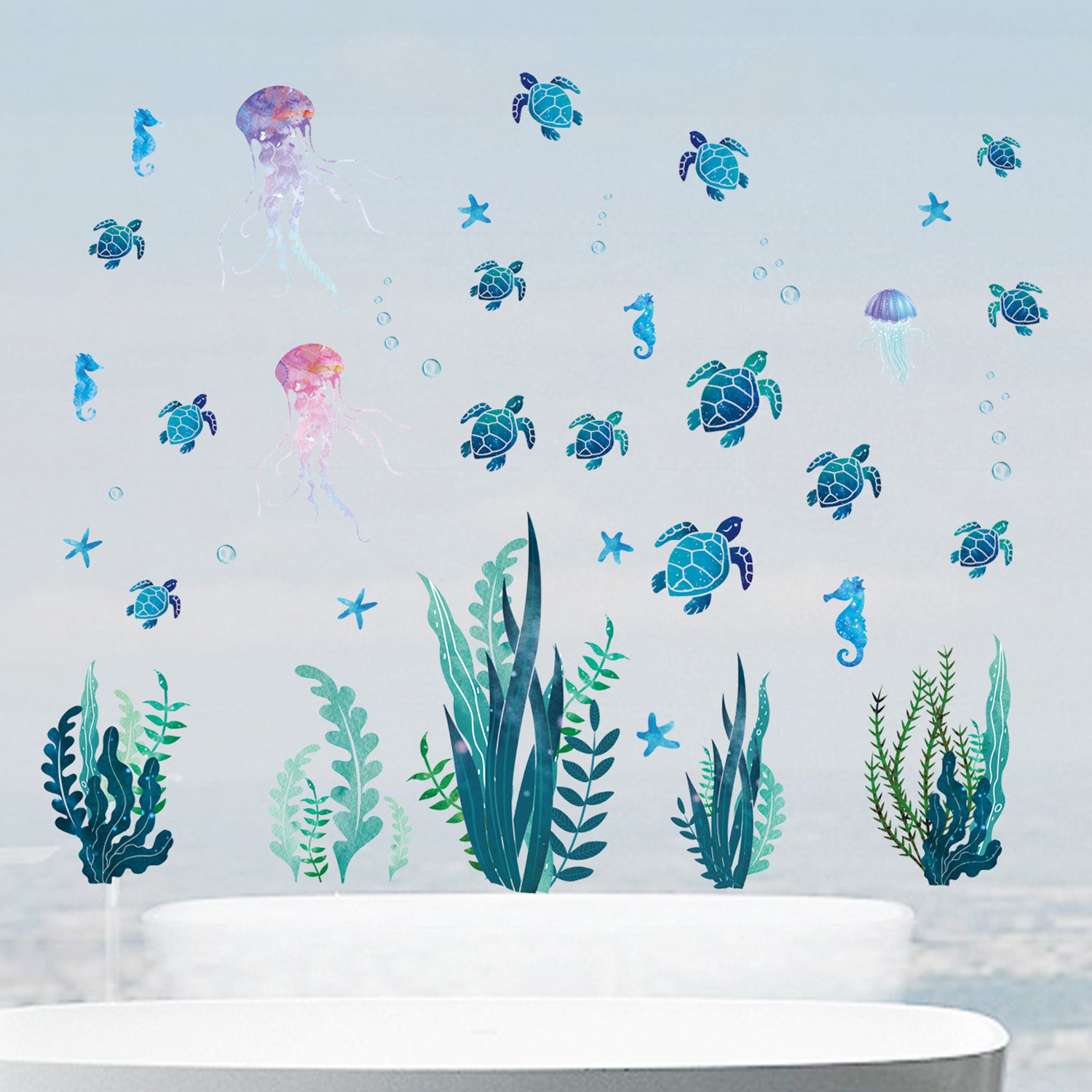 Underwater World Turtle Water Grass Wall Sticker Bedroom Children's Room Vinyl Base Board Waist Sticker Home Decoration