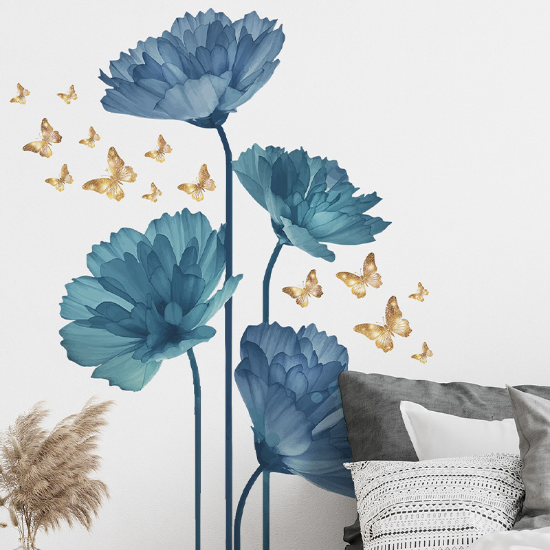 Creative Blue Flower Cluster Wall Sticker A dancing golden butterfly Decals Living Room Decorative Wallpaper