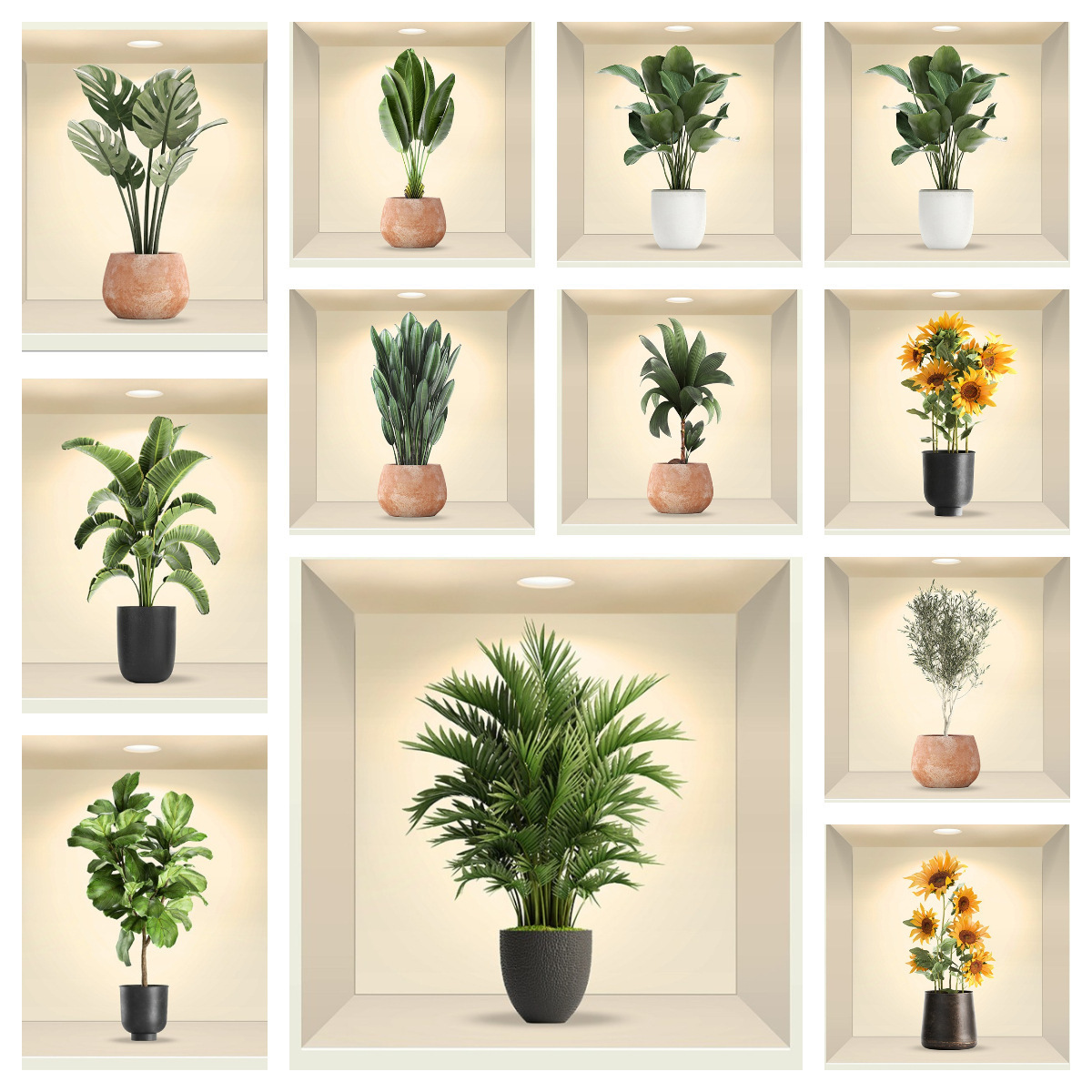 Potted Green Flower Plant Illustration Stickers Pvc Wallpaper Living Room Decorative Painting Wall Stickers Landscape Wallpapers