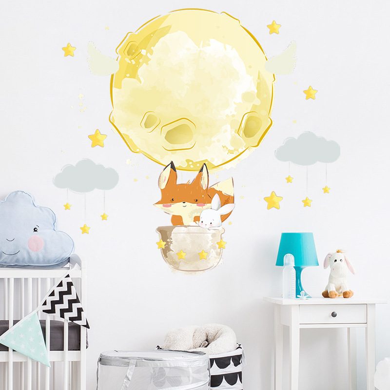 Wholesale Cartoon Animal Adhesive Wall Decals Fox And Rabbit Hot Air Balloon Removable Wall Stickers For Nursery Classroom Decor