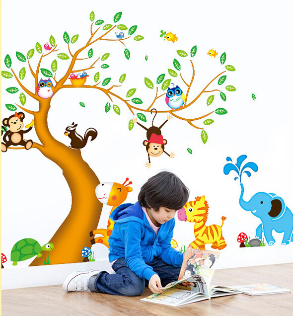 Cartoon Forest Animal Giraffe Elephant Bee Birds Tree Wall Stickers for Children's Room Bedroom Background Decoration Wallpaper