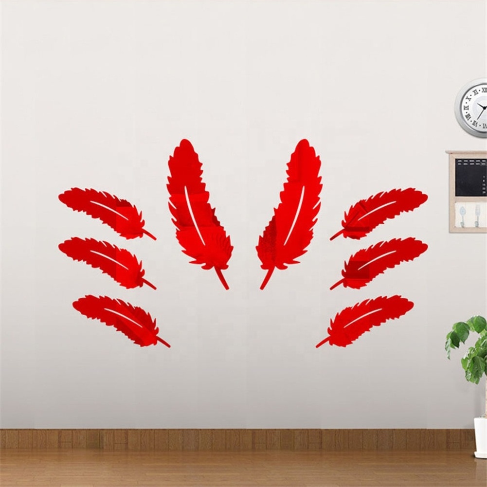 Mirror Self-adhesive Stickers 8 pcs Feather Mirror Sticker Acrylic Wall Paper DIY 3D Wall Decal Living Room Bathroom Decoration