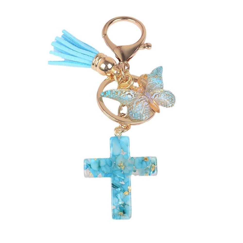 Wholesale Resin Bag Pendant Key Chain Trinket Accessories Gift Butterfly Jesus Christian Cross Charms Keychain With Tassels