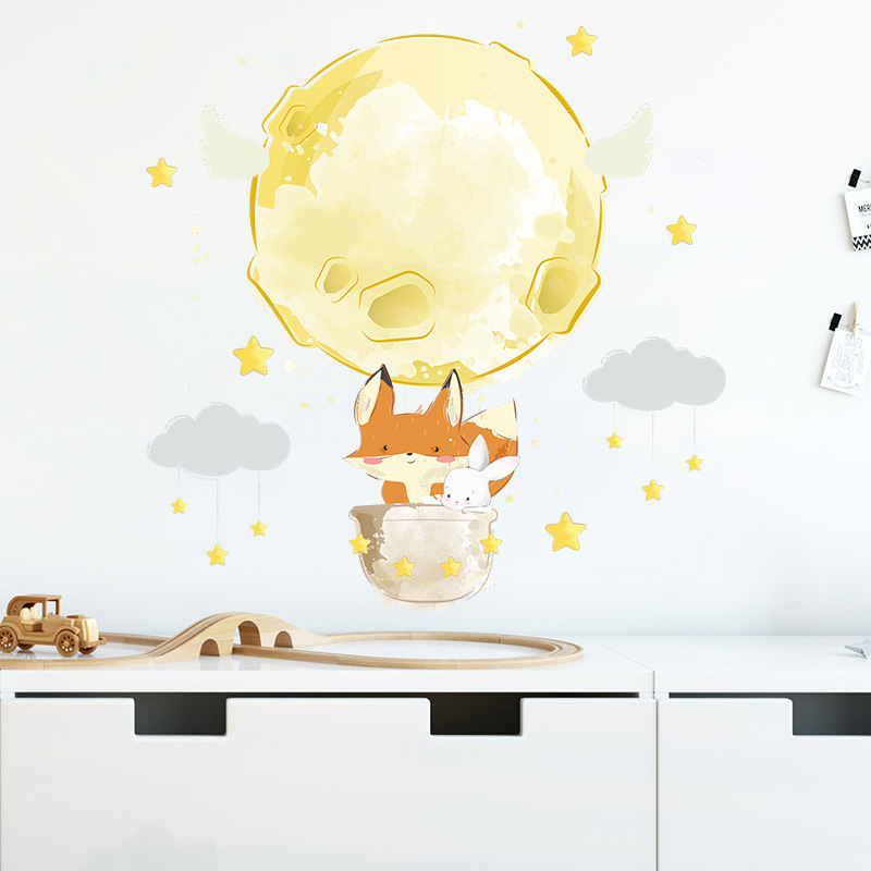 Wholesale Cartoon Animal Adhesive Wall Decals Fox And Rabbit Hot Air Balloon Removable Wall Stickers For Nursery Classroom Decor