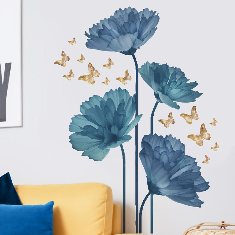 Creative Blue Flower Cluster Wall Sticker A dancing golden butterfly Decals Living Room Decorative Wallpaper