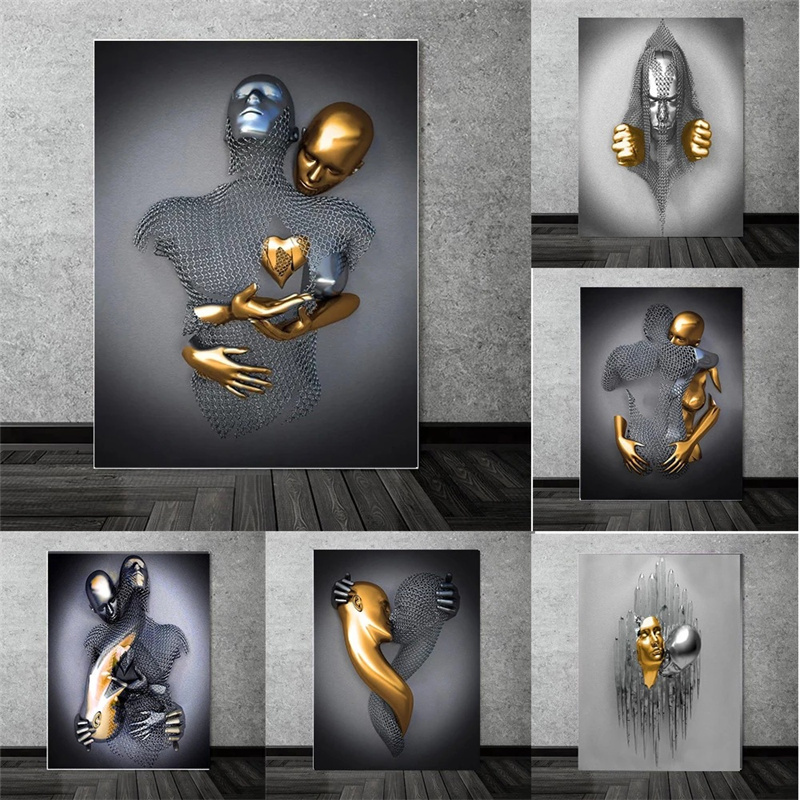 Popular Nordic Metal Figure Sculpture Wall Art Canvas Painting Modern Love Statue Poster Print Wall Picture for Bed Room Decor