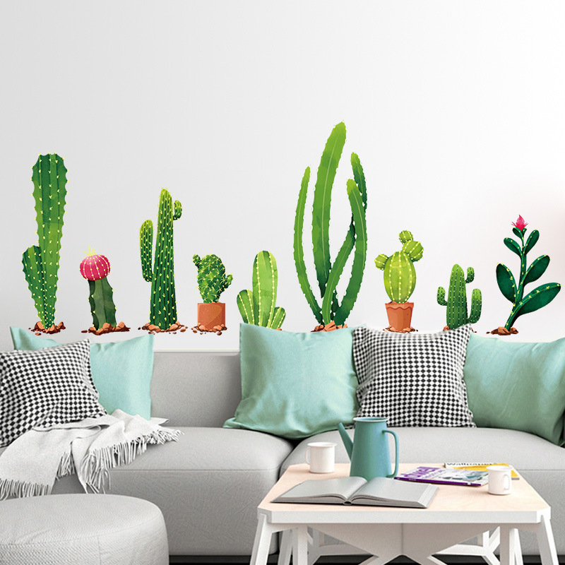 DIY Cartoon Cactus Wall Sticker For Kids Room Living Room TV Background Sofa Wall Decal Custom Wholesale Green Plant Stickers