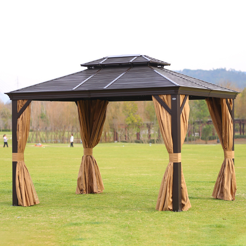 Manufacture Outdoor Patio Garden Metal Hardtop Roof Solid Wood Gazebo with Privacy Curtains and Mosquito Netting