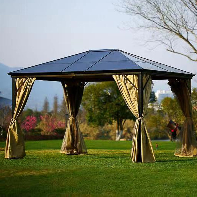 Manufacture Outdoor Patio Garden Metal Hardtop Roof Solid Wood Gazebo with Privacy Curtains and Mosquito Netting