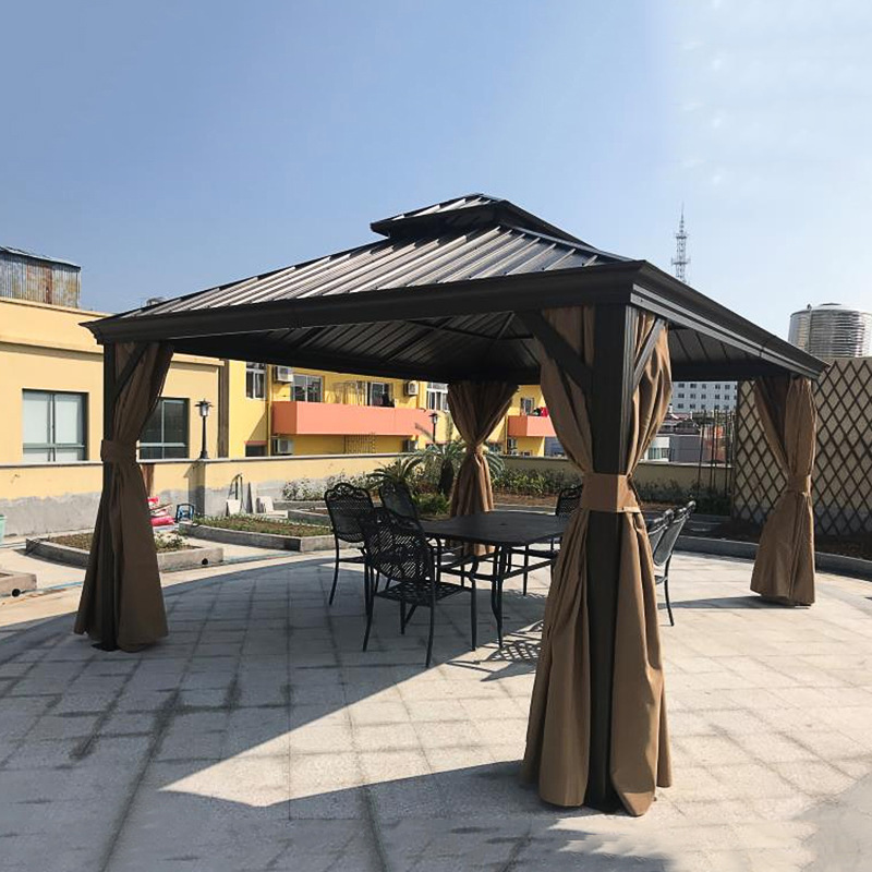 Manufacture Outdoor Patio Garden Metal Hardtop Roof Solid Wood Gazebo with Privacy Curtains and Mosquito Netting