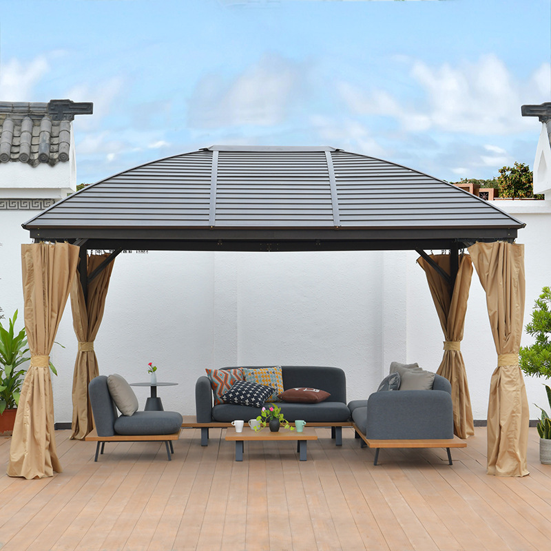 Manufacture Outdoor Patio Garden Metal Hardtop Roof Solid Wood Gazebo with Privacy Curtains and Mosquito Netting