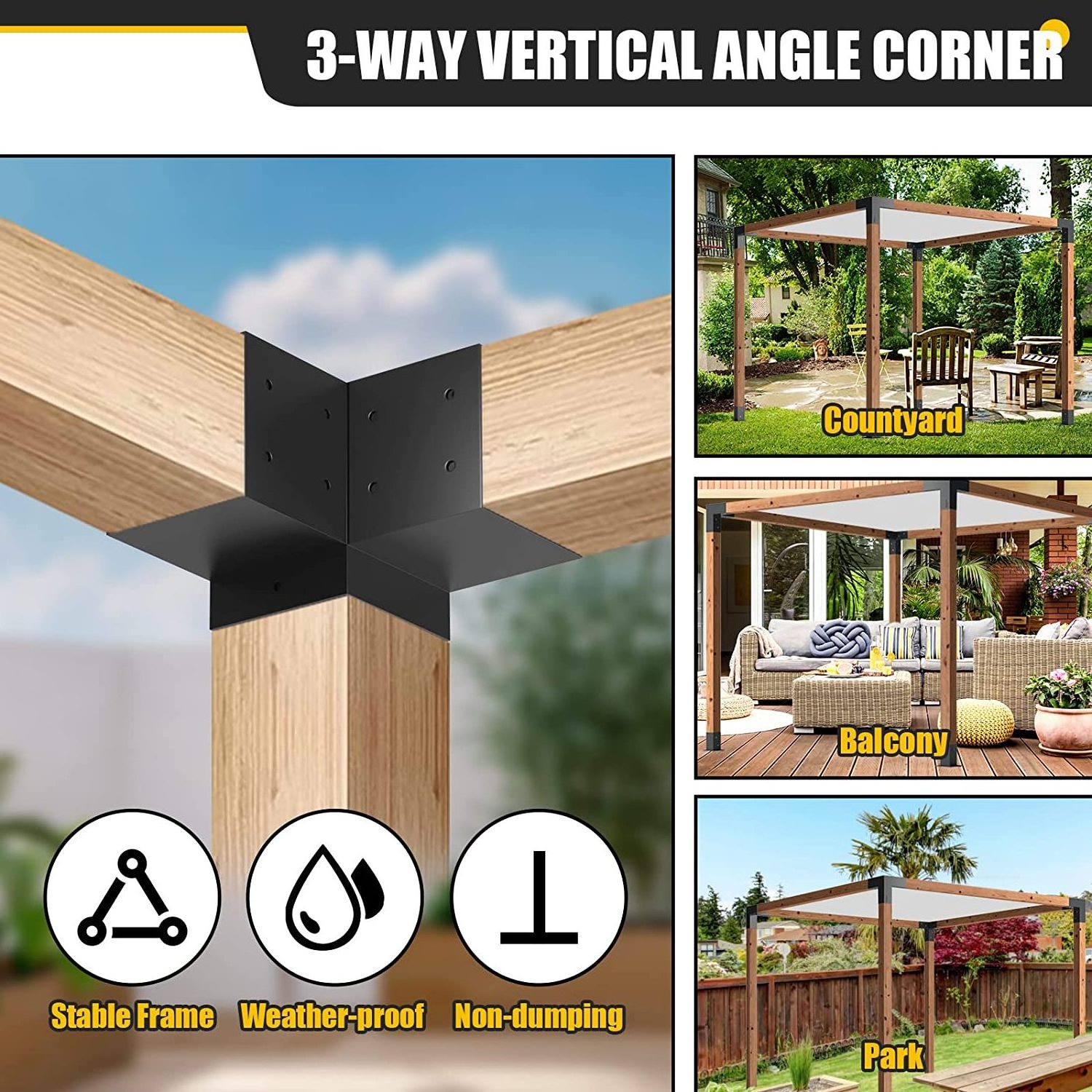 Pergola Kit with Brackets 3-Way Right Angle Corner Bracket Woodworks DIY Post Base Kit for Gazebos Patio Pergolas