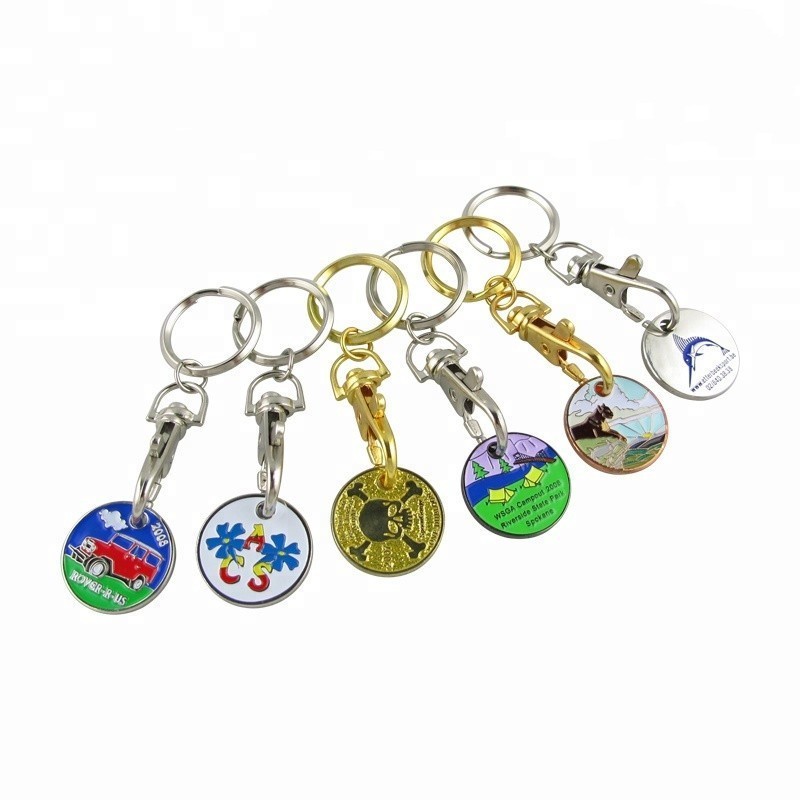 Custom Logo Pendant Keyring Porte Cle Shopping Cart Chip Trolley Token Coin Round Blank Llaveros Kay Ring Chains Metal Keychain