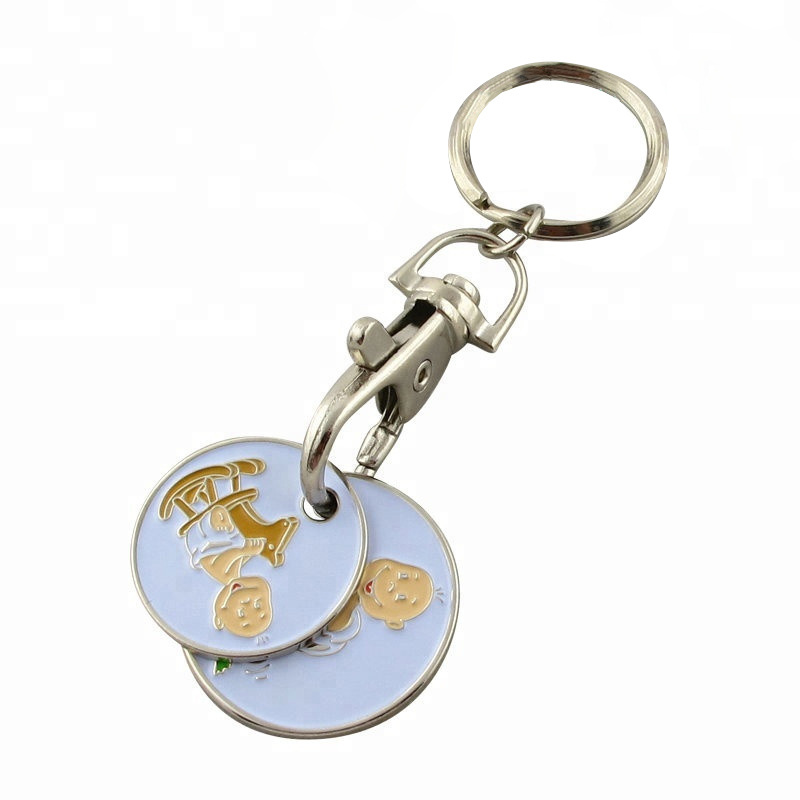 Custom Logo Pendant Keyring Porte Cle Shopping Cart Chip Trolley Token Coin Round Blank Llaveros Kay Ring Chains Metal Keychain