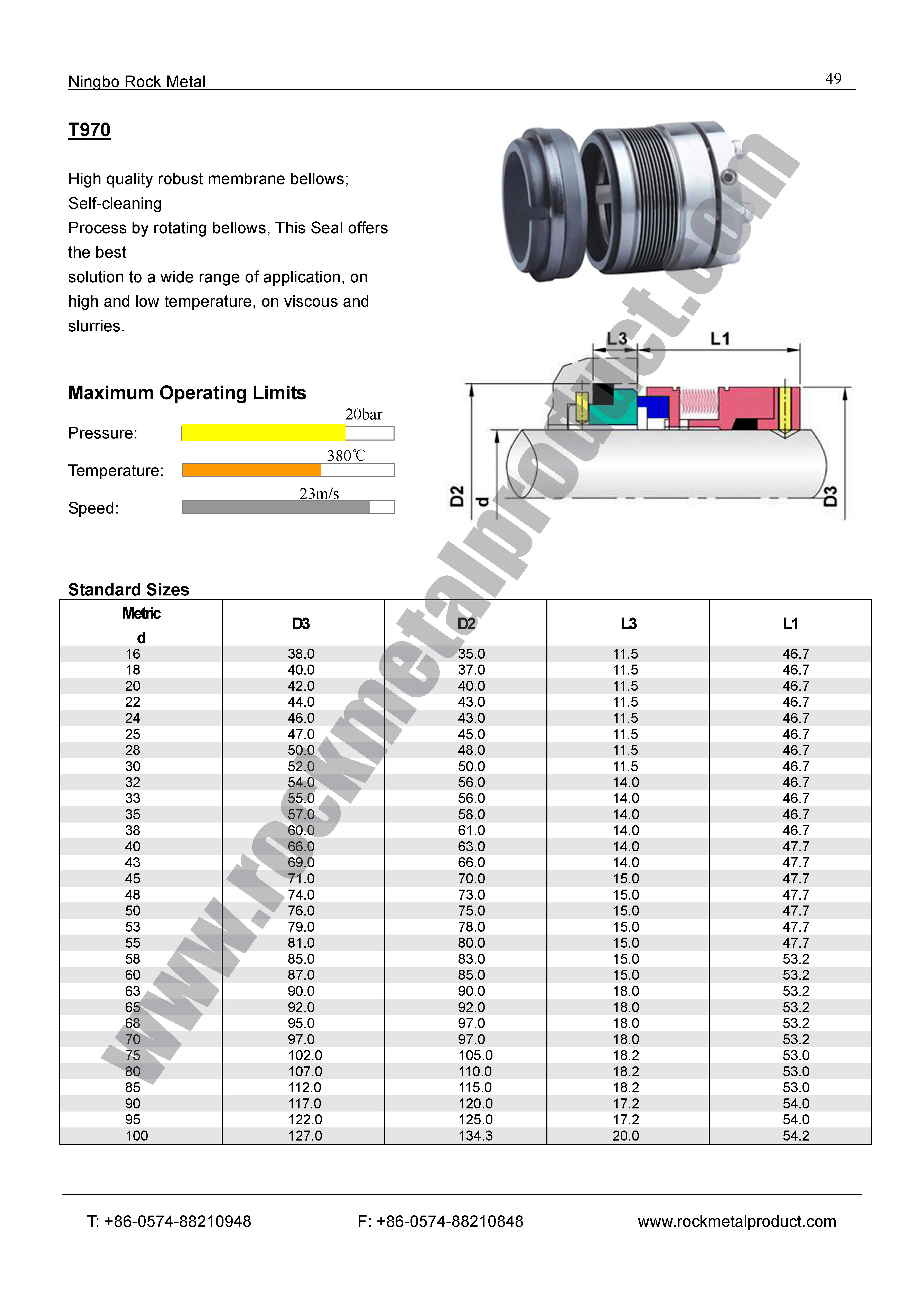 Metal Bellows Rotary Shaft Seal T970 Replace to Type MFLWT80