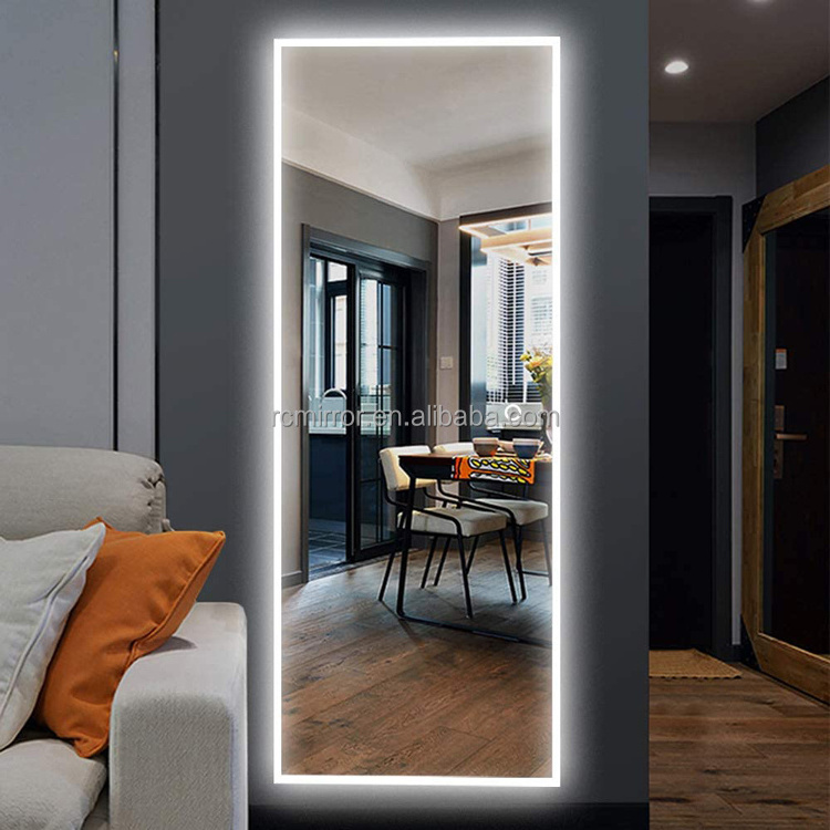 LED Wall Mounted Hotel Bathroom Floor to Ceiling Full Body Mirror Intelligent Dressing Mirror with Light Silver Modern Rectangle