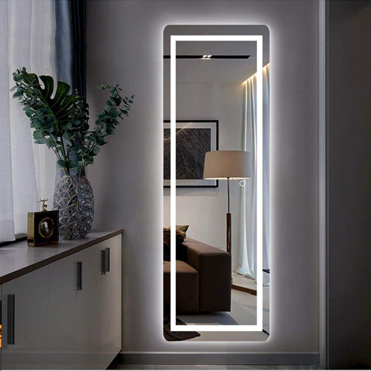 LED Wall Mounted Hotel Bathroom Floor to Ceiling Full Body Mirror Intelligent Dressing Mirror with Light Silver Modern Rectangle