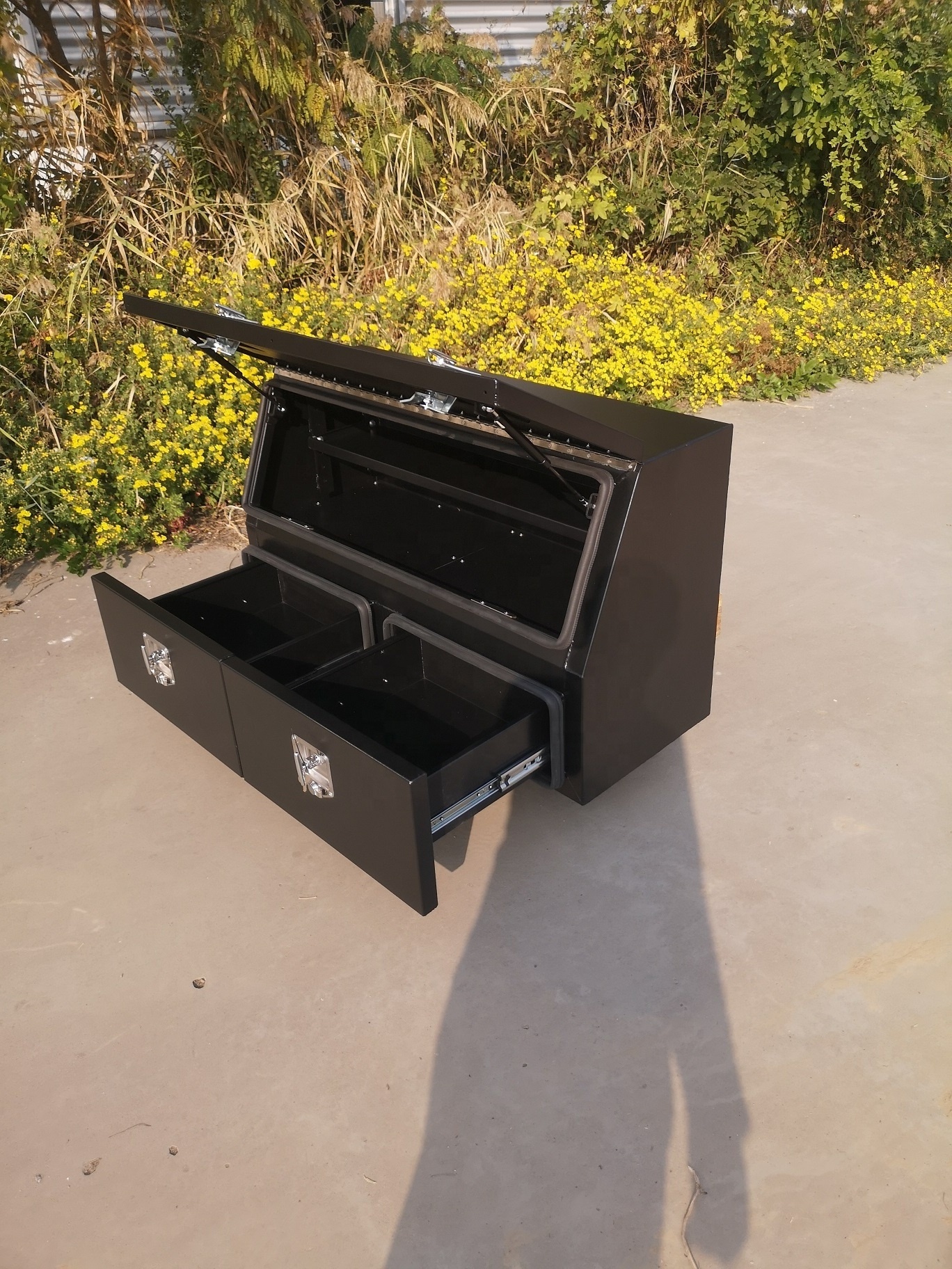 Aluminum flat plate heavy duty high quality black powder coated 3/4 opening Toolbox with 2 drawers ute canopy box