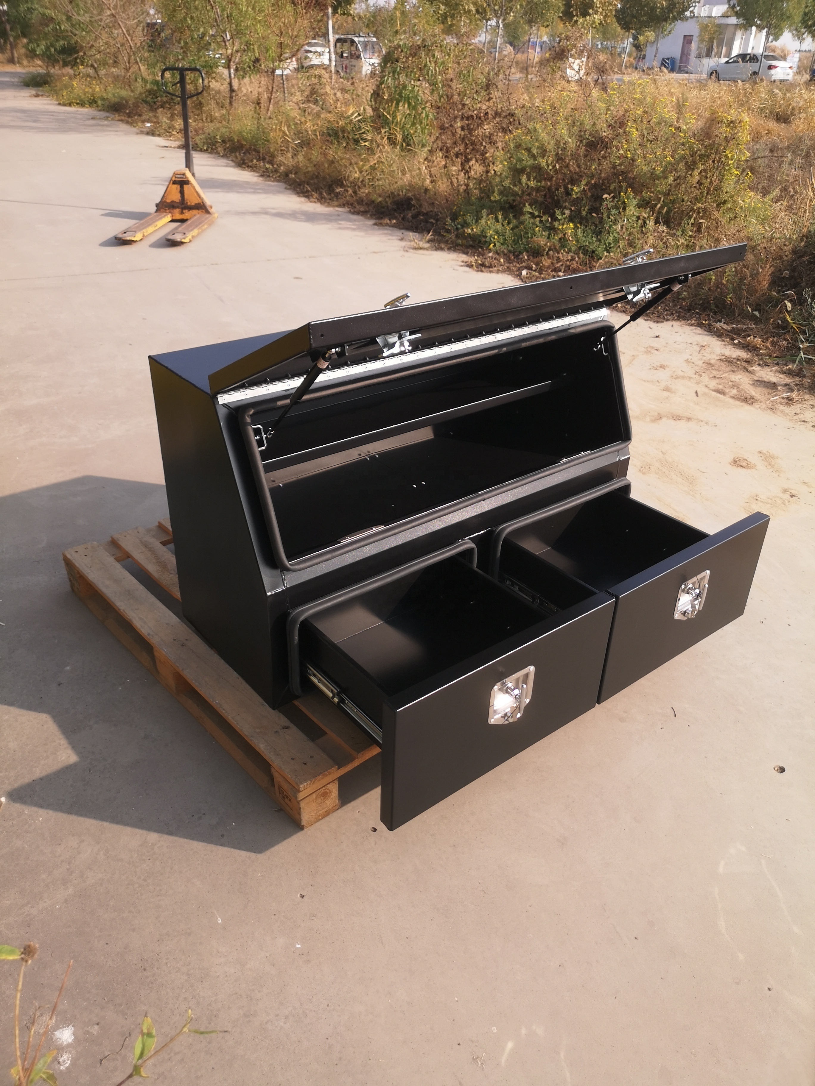 Aluminum flat plate heavy duty high quality black powder coated 3/4 opening Toolbox with 2 drawers ute canopy box