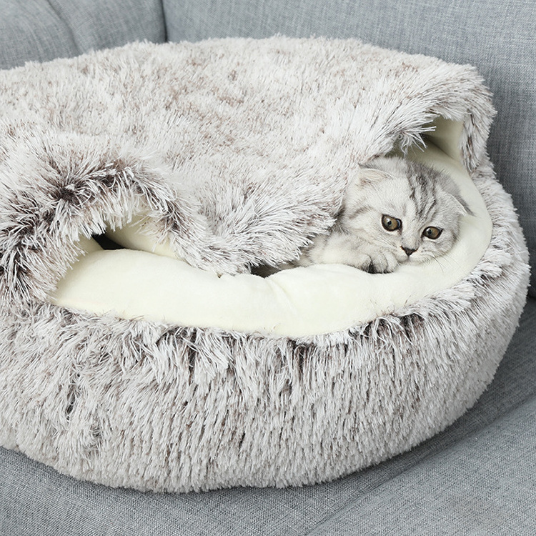 High Quality Anti-slip Round Plush Faux Fur Calming Cuddler Donut Dog Pet Cave Bed For Cats With Hooded Blanket Dog Bed