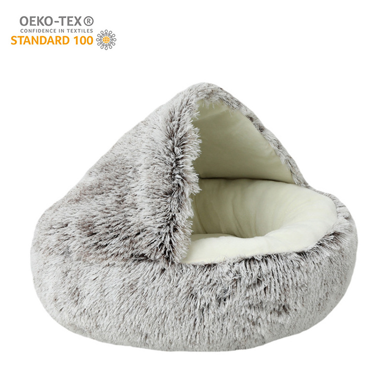 High Quality Anti-slip Round Plush Faux Fur Calming Cuddler Donut Dog Pet Cave Bed For Cats With Hooded Blanket Dog Bed