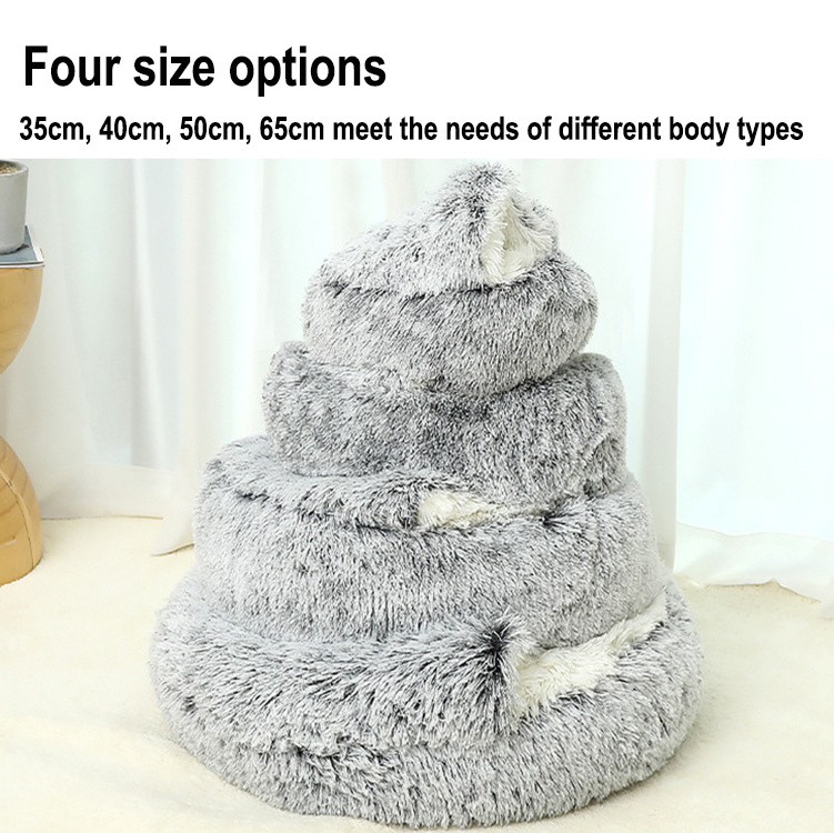 High Quality Anti-slip Round Plush Faux Fur Calming Cuddler Donut Dog Pet Cave Bed For Cats With Hooded Blanket Dog Bed