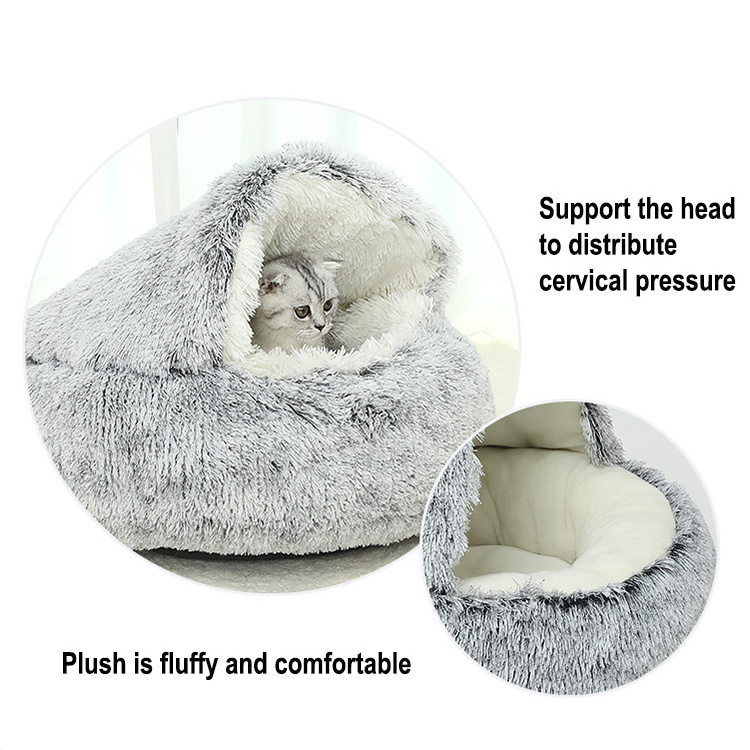 High Quality Anti-slip Round Plush Faux Fur Calming Cuddler Donut Dog Pet Cave Bed For Cats With Hooded Blanket Dog Bed