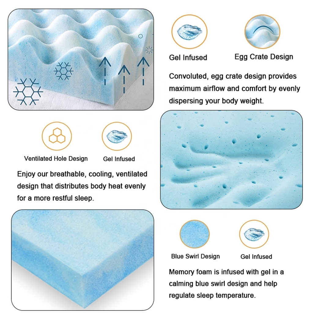 Luxury Foldable Queen King 2 to 5 Inch Egg Crate Bamboo Bed Pads Pressure Relief Cooling Gel Infused Memory Foam Mattress Topper