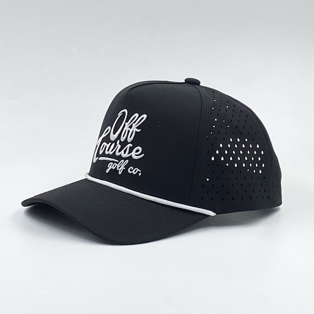 Custom 5 Panel Structured Leather Logo Laser Cut Performance Perforated Hole Quick Dry Baseball Hat