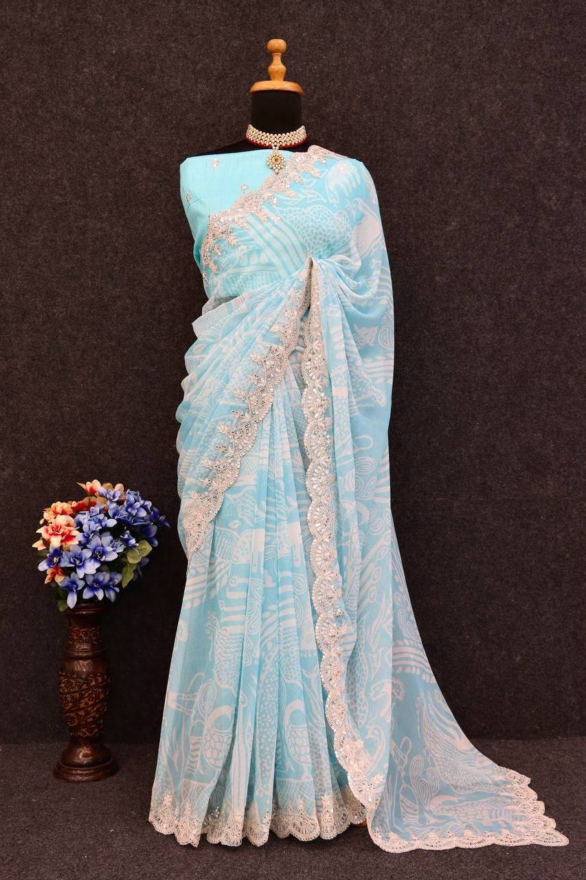 Designer Georgette saree With Digital Prints and Embroidery Codding and Sequins Work Saree, Wedding function Wear saree.