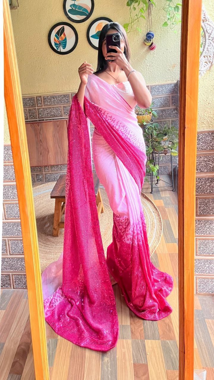 Bollywood Inspired designer pink Georgette saree, Fancy sequence Work and lace border, Wedding wear saree festival outfit.