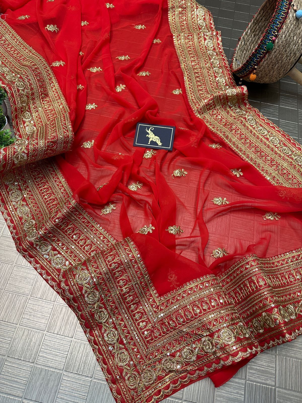 Embroidered Georgette Silk Saree Indian Traditional Party Wedding Wear Red Saree With Raw Silk Blouse Nepali Women Saree