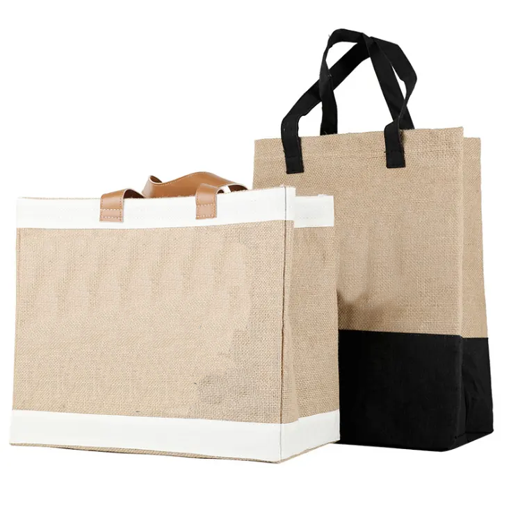 Wholesale Reusable polka dot tote Grocery Shopping Tote Jute Burlap Bag with leather handle jute tote linen beach hemp bags