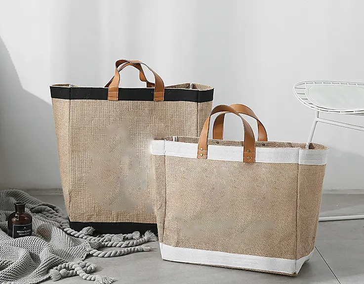 Wholesale Reusable polka dot tote Grocery Shopping Tote Jute Burlap Bag with leather handle jute tote linen beach hemp bags