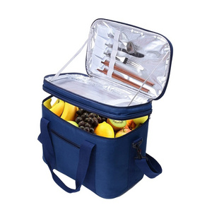 Customized travel shopping trip picnic food thick aluminum foil blue double layer insulated cooler bag with ice pack