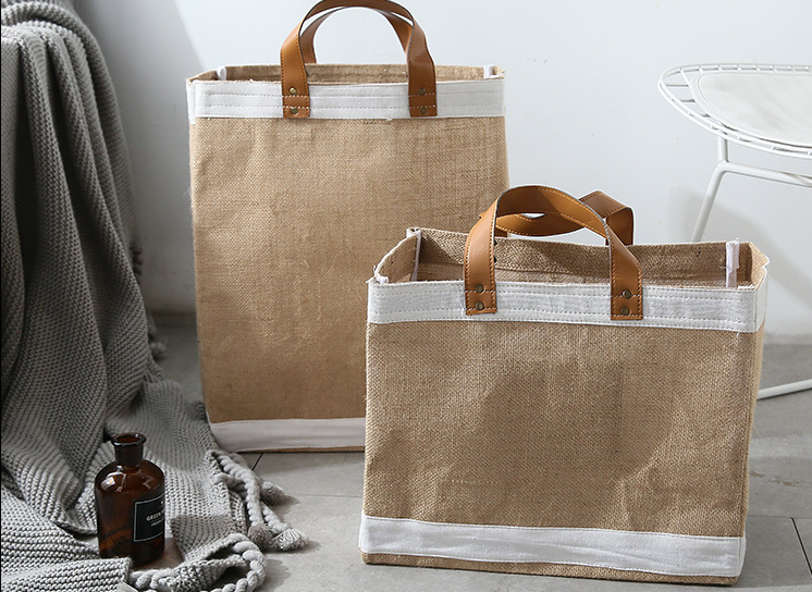 Wholesale Reusable polka dot tote Grocery Shopping Tote Jute Burlap Bag with leather handle jute tote linen beach hemp bags