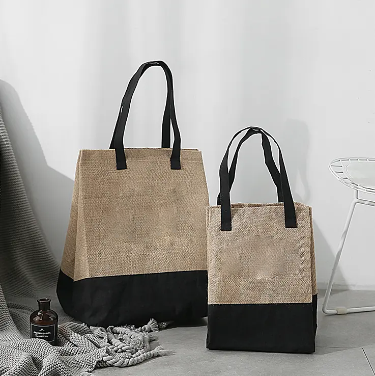 Wholesale Reusable polka dot tote Grocery Shopping Tote Jute Burlap Bag with leather handle jute tote linen beach hemp bags