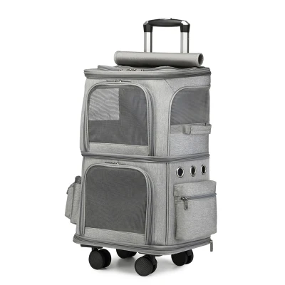 Custom double layer pet trolley backpack portable rolling carrier dog cat pet carrier backpack bag with wheels pets travel bags